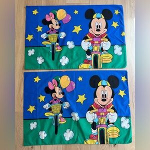 Two Disney Mickey & Minnie Mouse Bike Pillow Case Standard Double Sided Vintage